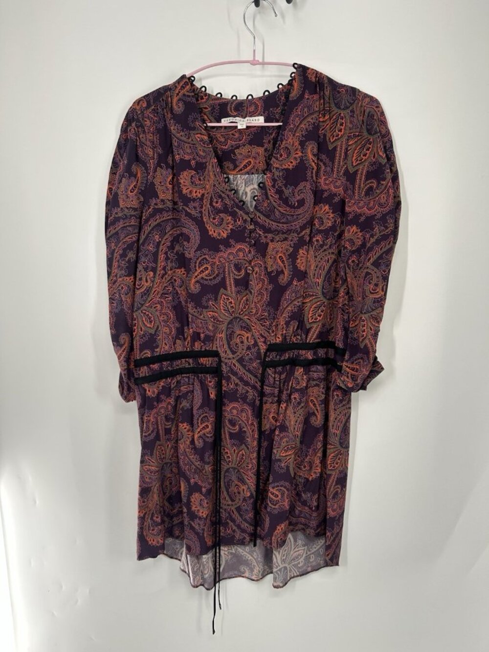 Veronica Beard Benson Silk Mini Dress Size 10 Purple Paisley Ruched Sleeves Boho